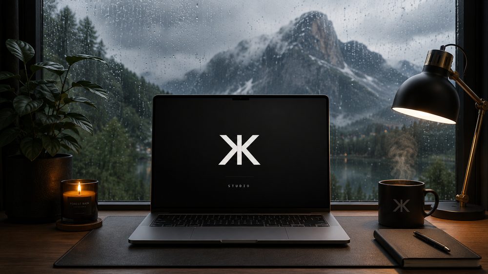 The Rekkon mark on a laptop at the studio desk